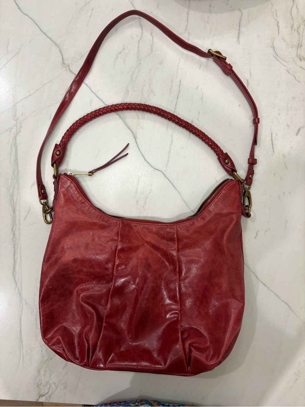 Elliott Lucca Red Leather Braided-Handle Shoulder Bag